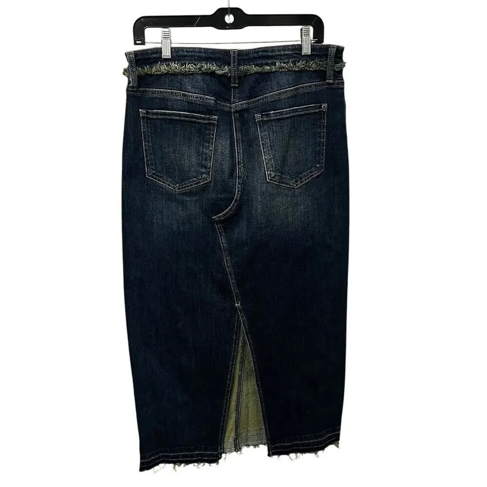 Kut Kelly Dark Wash Denim Raw Hem Fringe Trim 5 Pocket Midi Skirt Womens 10